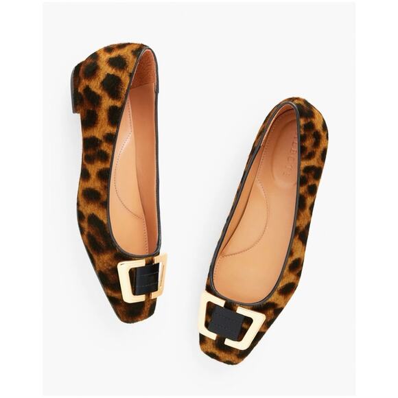 Talbots Women’s Sz 6.5 Brown Leopard Square Toe Flats Shoes Calf Hair Buckle - Picture 1 of 11